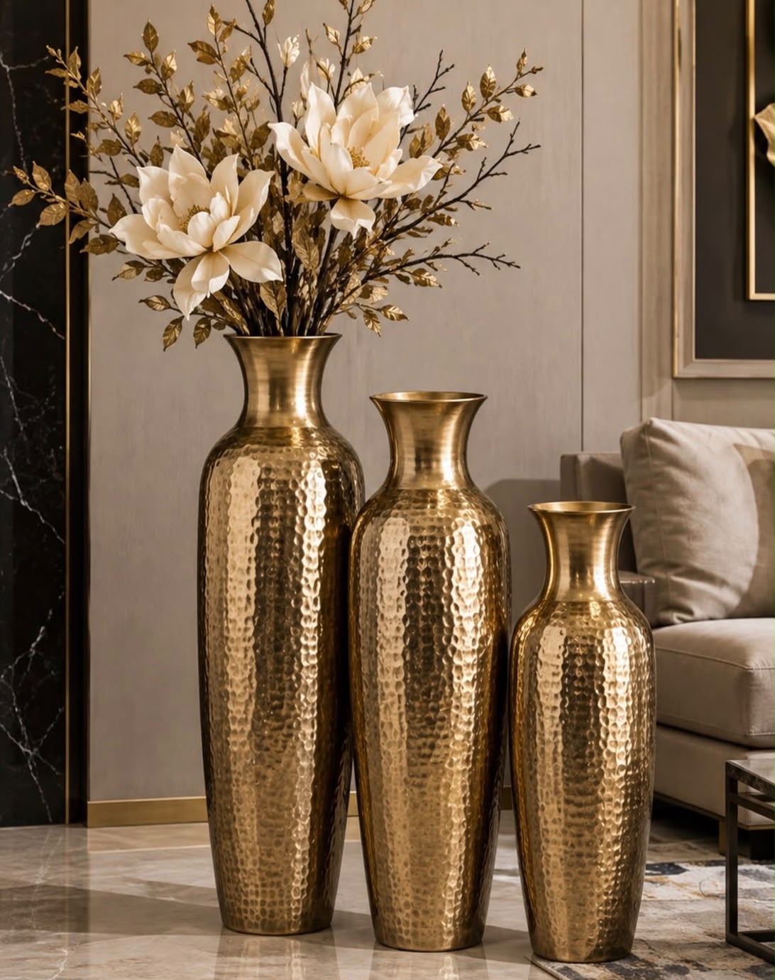 Trio Set of Tall Hammered Brass Floor Vases AH-207 Moradabad